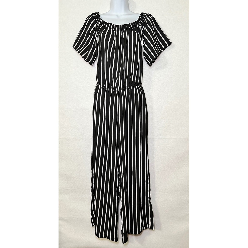 Ambiance Black White Striped‎ Coastal Chic Retro Pop Art Off Shoulder Jumpsuit M